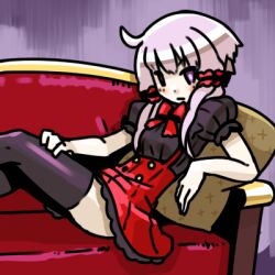 Rule 34 | 1girl, alternate costume, black shirt, black thighhighs, bow, bowtie, breasts, commentary request, couch, dress, elbow rest, feet out of frame, from side, hand on own leg, knees up, looking at viewer, looking to the side, lowres, moyasiwhite, on couch, pillow, puffy short sleeves, puffy sleeves, purple background, purple hair, reclining, red bow, red bowtie, shirt, short dress, short hair with long locks, short sleeves, sleeveless, sleeveless dress, small breasts, solo, thighhighs, underbust, voiceroid, yuzuki yukari