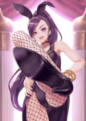 Rule 34 | 1girl, animal ears, asisuki, asymmetrical bangs, black leotard, black pantyhose, bracelet, breasts, collar, collarbone, dragon quest, dragon quest xi, fake animal ears, feet, fishnet pantyhose, fishnets, foot focus, hairband, hand on own hip, high heels, highres, jewelry, knee up, leotard, long hair, martina (dq11), open mouth, pantyhose, playboy bunny, ponytail, purple eyes, purple hair, rabbit ears, small breasts, smile, solo, tsurime