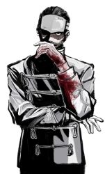 Rule 34 | 1boy, blood, blood on clothes, cowboy shot, forehead protector, gloves, golden kamuy, hair slicked back, hand up, highres, jacket, looking at viewer, male focus, military, military uniform, n9c4z, partially colored, short hair, simple background, solo, standing, tsurumi tokushirou, uniform