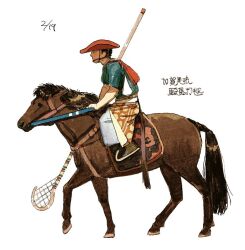 Rule 34 | 1boy, black hair, chinese commentary, commentary request, dated, full body, hat, horse, horseback riding, looking to the side, male focus, original, red hat, riding, sabyap, short hair, simple background, sitting, smile, tagme, translation request, very short hair, white background