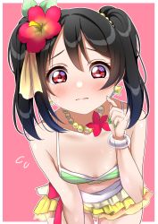 Rule 34 | 1girl, bead necklace, beads, bikini, bikini skirt, black hair, blush, bracelet, breasts, commentary, cowboy shot, earrings, finger to cheek, flower, flying sweatdrops, green bikini, green nails, hair flower, hair ornament, hibiscus, highres, jewelry, light frown, looking at viewer, love live!, love live! school idol project, medium hair, nail polish, natsuiro egao de 1 2 jump!, necklace, nervous, nose blush, outline, panda copt, pink background, raised eyebrows, red eyes, red flower, simple background, skirt, small breasts, solo, star (symbol), star earrings, swimsuit, twintails, white outline, yazawa nico, yellow skirt