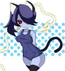 Rule 34 | 1girl, animal ears, blue skin, breasts, cat ears, colored skin, hair over one eye, leviathan (skullgirls), misaki naoe, polka dot, polka dot background, red eyes, side ponytail, simple background, skullgirls, squigly (skullgirls), stitched mouth, stitches, swimsuit, tail, thighhighs, zombie