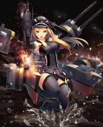 Rule 34 | 10s, 1girl, :o, aircraft, airplane, anchor, ankle boots, armpits, bare shoulders, battlefield, bismarck (kancolle), black footwear, black gloves, black hat, black panties, black thighhighs, blonde hair, blue eyes, boots, breasts, dress, elbow gloves, explosion, fire, firing, full body, gloves, gorget, gun, hand on headwear, hands up, hat, highres, jumping, kantai collection, large breasts, legs, long hair, looking at viewer, microdress, night, night sky, ocean, open mouth, outdoors, panties, peaked cap, scottie (phantom2), searchlight, sky, smoke, solo, thighhighs, thighs, torpedo, turret, underwear, uneven eyes, water, weapon