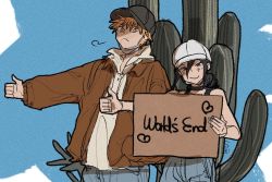 Rule 34 | 1boy, 1girl, black choker, black hair, blonde hair, brown jacket, cactus, cardboard, chainsaw man, choker, day, denji (chainsaw man), frown, hair between eyes, hand in pocket, hat, heart, holding, holding sign, jacket, long bangs, long sleeves, looking at viewer, mask, unworn mask, mouth mask, reze (chainsaw man), shirt, short hair, sign, simple background, sky, smile, standing, tasuketemama, thumbs up, white headwear, white shirt