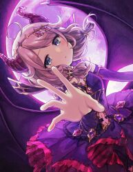 Rule 34 | 1girl, ahoge, bare shoulders, belly chain, blonde hair, bow, circlet, clothing cutout, demon horns, demon wings, dress, elbow gloves, fake horns, fake wings, full moon, gloves, green eyes, hair bow, highres, horns, idolmaster, idolmaster cinderella girls, idolmaster cinderella girls starlight stage, idolmaster cinderella girls u149, jewelry, long hair, looking at viewer, low twintails, moon, navel, navel cutout, night, open mouth, parted lips, purple dress, purple gloves, purple moon, reaching, reaching towards viewer, sasasasa, solo, twintails, wings, yusa kozue