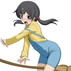 Rule 34 | 10s, 1girl, bad id, bad pixiv id, between legs, black eyes, black hair, blush, broom, broom riding, cameltoe, flying witch, hair bobbles, hair ornament, highres, kuramoto chinatsu, long hair, long sleeves, looking at viewer, open mouth, overalls, simple background, solo, sweatdrop, takeda yukimura, white background