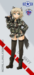 Rule 34 | 1girl, animal ears, bad id, bad pixiv id, camouflage, commentary, dakku (ogitsune), gun, handgun, headset, military, military uniform, panties, solo, strike witches, strike witches 1991, tail, thighhighs, underwear, uniform, weapon, world witches series