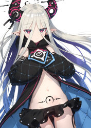 Rule 34 | 1girl, bikini, black bikini, blue hair, closed mouth, detached sleeves, frilled bikini, frills, gloves, grey hair, hair between eyes, highres, horns, long hair, looking at viewer, midriff, original, pink eyes, pointy ears, simple background, solo, stomach, swimsuit, tattoo, very long hair, wasabi60, white background
