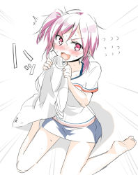 Rule 34 | 1girl, ^^^, blush, flying sweatdrops, gotyou, looking at viewer, open mouth, pink eyes, pink hair, short hair, simple background, sitting, skirt, solo, wariza, white background
