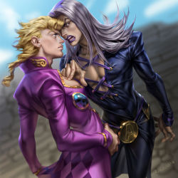 Rule 34 | 2boys, angry, black jacket, black pants, blonde hair, blue eyes, blue sky, blurry, blurry background, braid, braided ponytail, closed mouth, earrings, giorno giovanna, grey hair, italy, jacket, jewelry, jojo no kimyou na bouken, leone abbacchio, lips, long hair, long sleeves, looking at another, multiple boys, open mouth, outdoors, pants, pink jacket, purple eyes, purple lips, rakavka, realistic, sky, vento aureo, yellow eyes