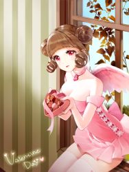 Rule 34 | 1girl, bare shoulders, box, box of chocolates, breasts, brown hair, choker, cleavage, curly hair, double bun, dress, hair bun, heart-shaped box, hinare (hinare777), looking at viewer, medium breasts, original, pink dress, pink eyes, pink neckwear, pink ribbon, pink wings, ribbon, short hair, sitting, smile, solo, strapless, strapless dress, thighhighs, valentine, white thighhighs, window, wings, zettai ryouiki