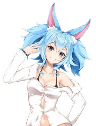 Rule 34 | 1girl, :d, animal ear fluff, animal ears, arm up, black bra, blue eyes, blue hair, blush, bra, breasts, cleavage, collarbone, commentary, girls&#039; frontline, grin, highres, hinawii, long hair, long sleeves, looking at viewer, medium breasts, nail polish, navel, off shoulder, official alternate costume, open mouth, pa-15 (girls&#039; frontline), pa-15 (high school thrills) (girls&#039; frontline), pink nails, sidelocks, simple background, single bare shoulder, smile, solo, teeth, twintails, underwear, upper body, white background