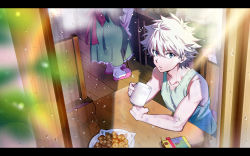 Rule 34 | 0shaya2, 1other, 2boys, alluka zoldyck, bare shoulders, blue eyes, breakfast, chair, coffee, commentary request, cup, day, dress, food, gon freecss, green dress, highres, hunter x hunter, killua zoldyck, letterboxed, looking at viewer, looking up, messy hair, mug, multiple boys, muscular, muscular child, pink footwear, plate, rain, shirt, siblings, sitting, solo focus, spiked hair, table, teeth, water drop, white hair, wooden floor