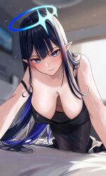 Rule 34 | 1girl, absurdres, all fours, black dress, black hair, blue archive, blue eyes, blue halo, blush, breasts, closed mouth, dress, halo, highres, indoors, large breasts, long hair, looking at viewer, nicky w, no eyewear, pointy ears, rin (blue archive), sidelocks, smile, solo
