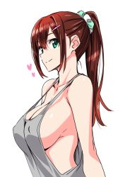 Rule 34 | 1girl, breasts, brown hair, chinatsu (suzutsuki kurara), cleavage, closed mouth, commentary request, covered erect nipples, from side, green eyes, green scrunchie, hair ornament, hair scrunchie, hairclip, heart, large breasts, long hair, looking at viewer, no bra, original, ponytail, scrunchie, sideboob, sidelocks, simple background, smile, solo, strap gap, suzutsuki kurara, tank top, upper body, white background