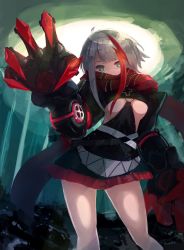 Rule 34 | 1girl, admiral graf spee (azur lane), azur lane, black dress, blue eyes, breasts, claw (weapon), covered mouth, cross, dress, eari, highres, iron cross, looking at viewer, mechanical arms, multicolored hair, red hair, red scarf, scarf, short dress, short hair with long locks, silver hair, small breasts, solo, streaked hair, two-tone hair, underboob, weapon