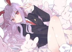 Rule 34 | 1girl, animal ears, blazer, crescent, crescent pin, hair between eyes, heart, heart print, highres, inaba mob (touhou), jacket, light purple hair, long hair, long sleeves, looking at viewer, loveyuzu, lying, necktie, on back, on bed, pleated skirt, rabbit, rabbit ears, red eyes, red necktie, reisen udongein inaba, shirt, skirt, smile, socks, solo, touhou, white shirt