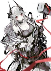 Rule 34 | 1girl, arknights, armlet, black gloves, black shirt, breasts, choker, cleavage, closed mouth, ear piercing, elite ii (arknights), expressionless, from above, gloves, hammer, highres, holding, holding hammer, horns, infection monitor (arknights), jumpsuit, large breasts, long hair, looking at viewer, material growth, midriff, mudrock (arknights), mudrock (elite ii) (arknights), off shoulder, oripathy lesion (arknights), piercing, pointy ears, red eyes, red ribbon, remsrar, ribbon, shirt, sidelocks, solo, tank top, white background, white hair