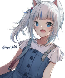 Rule 34 | 1girl, :d, animal ears, blue dress, blue eyes, blue hair, cat ears, commentary, cube hair ornament, dress, english commentary, gawr gura, gawr gura (casual), grey hair, hair ornament, hololive, hololive english, kaxukin, long hair, looking at viewer, multicolored hair, official alternate costume, open mouth, sharp teeth, shirt, short sleeves, side ponytail, simple background, sleeveless, sleeveless dress, smile, solo, streaked hair, teeth, twitter username, virtual youtuber, white background, white shirt