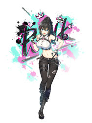 Rule 34 | 1girl, :d, arm belt, armpits, artist request, bare shoulders, belt, black choker, black footwear, black gloves, black hair, black pants, blue eyes, boots, bracelet, breasts, buttons, chain, chest harness, choker, closers, crop top, earrings, fang, fingerless gloves, full body, gloves, hair ornament, hairclip, hand on own hip, hand up, harness, highleg, highres, jewelry, large breasts, leg belt, long hair, looking at viewer, midriff, navel, o-ring, official art, open mouth, pants, ponytail, shirt, sleeveless, sleeveless shirt, smile, solo, stomach, studded belt, tattoo, torn clothes, torn pants, white shirt, wristband, yuri seo