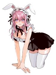 Rule 34 | 1girl, 2nya pic, all fours, animal ears, bad id, bad twitter id, bare shoulders, blush, breasts, cleavage, fake animal ears, headphones, large breasts, looking at viewer, maid, maid headdress, nitroplus, pink eyes, pink hair, rabbit ears, red eyes, skindentation, sleeveless, solo, super sonico, thighhighs, white thighhighs, zettai ryouiki