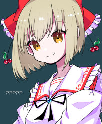 Rule 34 | 1girl, ?, ??, black ribbon, blonde hair, blue background, bow, breasts, brooch, closed mouth, collared shirt, detached sleeves, eyelashes, eyes visible through hair, frilled bow, frilled shirt collar, frills, hair bow, jewelry, kumeri0804, long sleeves, red bow, ribbon, satsuki rin, shirt, short hair, small breasts, smile, touhou, upper body, white shirt, white sleeves, yellow eyes