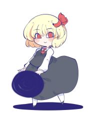 Rule 34 | black footwear, black shirt, black skirt, blob, blonde hair, blush, bow, chahan (fried rice0614), commentary, darkness, hair bow, hair ribbon, highres, long sleeves, looking at viewer, necktie, red bow, red eyes, red necktie, ribbon, rumia, shadow, shirt, short hair, simple background, skirt, smile, socks, touhou, white background, white socks