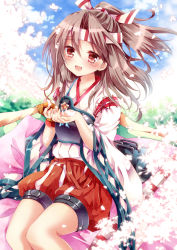 Rule 34 | 10s, 1girl, :d, brown eyes, brown hair, hachimaki, headband, kantai collection, looking at viewer, muneate, nogi takayoshi, open mouth, petals, ponytail, sitting, smile, solo, wind, zuihou (kancolle)