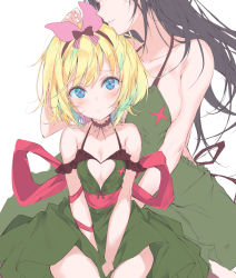 Rule 34 | 2girls, black choker, black hair, black hairband, blonde hair, blue eyes, blush, bow, breasts, choker, cleavage cutout, clothing cutout, commentary request, dress, girls und panzer, green dress, hair bow, hairband, hand on another&#039;s head, insignia, katyusha (girls und panzer), large breasts, light blush, long hair, looking at viewer, medium dress, multiple girls, nonna (girls und panzer), parted lips, pink bow, pulp piroshi, red sash, sash, short hair, simple background, sitting, small breasts, spaghetti strap, v arms, white background