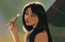 Rule 34 | 1girl, black eyes, black hair, chopsticks, close-up, commentary request, disney, fa mulan (disney), gittanart, highres, holding, holding chopsticks, long hair, looking at object, mulan, pink lips, portuguese commentary, solo, upper body
