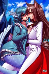 Rule 34 | 2girls, :d, animal ears, asymmetrical docking, blue eyes, blue hair, blue sky, blush, breast press, breasts, brooch, brown hair, cloud, cloudy sky, cowboy shot, day, dress, face-to-face, fins, fish tail, from side, head fins, imaizumi kagerou, jadenkaiba, japanese clothes, jewelry, kimono, large breasts, long hair, long sleeves, looking at another, mermaid, monster girl, multicolored clothes, multicolored dress, multiple girls, nose blush, open mouth, profile, red eyes, short hair, sky, smile, tail, touhou, wakasagihime, wavy mouth, wide sleeves, wolf ears, wolf tail, yuri
