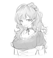 Rule 34 | 1girl, :3, ahoge, bad id, bad twitter id, breasts, choker, cleavage, closed mouth, commentary request, earrings, fpanda, greyscale, highres, ichinose shiki, idolmaster, idolmaster cinderella girls, jewelry, large breasts, long hair, looking at viewer, monochrome, puffy short sleeves, puffy sleeves, ribbon choker, short sleeves, simple background, sketch, smile, solo, upper body, white background