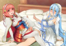 Rule 34 | 1boy, 2girls, azura (fire emblem), barefoot, blue hair, censored, clothed sex, cooperative grinding, feet, ffm threesome, fire emblem, fire emblem fates, grinding, group sex, hetero, highres, long hair, looking at viewer, mosaic censoring, multiple girls, nintendo, no panties, oxxo (dlengur), penis, pink hair, pov, pubic hair, pussy, sakura (fire emblem), short hair, spread legs, threesome, very long hair