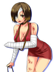Rule 34 | 1girl, :o, arm sling, bandage over one eye, bandaged arm, bandages, bare shoulders, blood, breasts, brown eyes, brown hair, cast, choker, cleavage, dress, eileen galvin, eyepatch, from side, galvin eileen, holding, injury, large breasts, leaning forward, looking at viewer, open mouth, red dress, red skirt, shadow, short dress, short hair, silent hill, silent hill (series), silent hill 4: the room, simple background, skirt, solo, thigh gap, white background