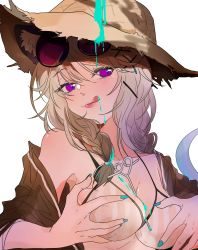 Rule 34 | 1girl, :p, animal ear fluff, animal ears, arknights, bare shoulders, between breasts, bikini, black shirt, blue nails, breast hold, breasts, closed mouth, commentary, crazy straw, drinking straw, eyewear on head, fang, grey bikini, hair over shoulder, hat, heart straw, highres, latutou1, light brown hair, liquid, long hair, medium breasts, nail polish, off shoulder, official alternate costume, open clothes, open shirt, outdoors, parted lips, purple eyes, shirt, smile, solo, stomach, straw hat, striped bikini, striped clothes, sunglasses, swimsuit, swimsuit cover-up, symbol-only commentary, tail, tongue, tongue out, upper body, utage (arknights), utage (summer flowers) (arknights)
