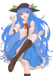 Rule 34 | 1girl, absurdres, black hat, blue hair, blue skirt, boots, brown footwear, center frills, collared shirt, commentary, cross-laced footwear, foot out of frame, frilled skirt, frills, fruit hat ornament, hat, hat ornament, highres, hinanawi tenshi, kashiwada kiiho, lace-up boots, long hair, looking at viewer, open mouth, peach hat ornament, red eyes, shirt, short sleeves, simple background, skirt, smile, solo, standing, standing on one leg, touhou, very long hair, white background, white shirt