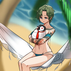 Rule 34 | 1girl, arm tattoo, beach, bird, black survival, blue background, blue eyes, blurry, blurry background, commentary request, feet out of frame, green hair, hammock, highres, holding hands, lenox (black survival), navel, necktie, open mouth, palm tree, parted bangs, penguin, red necktie, rinyamame, sand, short hair, sitting, snake tattoo, solo, tattoo, tree, water