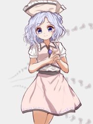 Rule 34 | 1girl, asymmetrical hair, bad id, bad pixiv id, beige skirt, blue eyes, blurry, blurry background, blush, breasts, closed mouth, commentary request, cowboy shot, frilled shirt collar, frills, hat, highres, kayon (touzoku), light purple hair, looking down, merlin prismriver, musical note, own hands clasped, own hands together, parted bangs, puffy short sleeves, puffy sleeves, shirt, short hair, short sleeves, simple background, small breasts, smile, solo, standing, touhou, vest, wavy hair, white background, white shirt