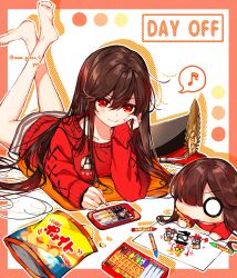 Rule 34 | 1girl, barefoot, blush, brown hair, cellphone, chibi, closed mouth, crayon, drawing, english text, family crest, fate/grand order, fate (series), feet, feet up, hair between eyes, hat, highres, holding, holding crayon, long hair, lying, military hat, musical note, oda nobunaga (fate), oda nobunaga (swimsuit berserker) (fate), oda uri, on stomach, peaked cap, phone, red eyes, red sweater, smartphone, smile, soles, speech bubble, sweater, the pose, toes, yui (tamagohan)