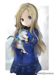 Rule 34 | 1girl, animal, artist name, blonde hair, blue eyes, blue jacket, border, cat, child, closed mouth, cloud, cloudy sky, commentary, gradient background, grey background, holding, holding animal, jacket, little girl (pragmata), long hair, long sleeves, looking at viewer, mujinbensin, mujinbi, outside border, parted bangs, parted hair, pout, pragmata, sky, solo, standing, wavy hair, white background, white border