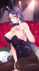 Rule 34 | 1girl, :o, alternate costume, animal ears, bare shoulders, black bow, black leotard, blush, bow, bowtie, breasts, rabbit ears, rabbit tail, cleavage, couch, detached collar, fake animal ears, fate/grand order, fate (series), female focus, fishnet pantyhose, fishnets, hand on own chest, heart, heart-shaped pillow, highres, indoors, ka (mauve p), large breasts, leotard, long hair, looking at viewer, low-tied long hair, minamoto no raikou (fate), neck, open mouth, pantyhose, pillow, playboy bunny, purple eyes, purple hair, sitting, solo, spotlight, strapless, strapless leotard, tail, type-moon, wariza, wrist cuffs