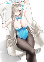 Rule 34 | 1girl, absurdres, animal ears, arms up, asuna (blue archive), asuna (bunny) (blue archive), bare shoulders, black pantyhose, blonde hair, blue archive, blue bow, blue bowtie, blue eyes, blue leotard, blue ribbon, bow, bowtie, breasts, cleavage, commentary request, crossed legs, detached collar, fake animal ears, feet out of frame, grin, hair over one eye, hair ribbon, hairband, halo, highres, hiya 0, large breasts, leotard, long hair, looking at viewer, pantyhose, playboy bunny, pointy breasts, ribbon, simple background, sitting, smile, solo, strapless, strapless leotard, thighband pantyhose, traditional bowtie, very long hair, white-framed eyewear, white background, white hairband