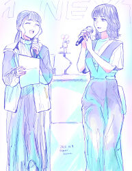 Rule 34 | 2girls, absurdres, chuatury panlunch, closed eyes, commentary request, double bun, dress, earrings, figure, gundam, gundam suisei no majo, hair bun, hands up, highres, holding, holding microphone, holding paper, ichinose kana, jewelry, laughing, limited palette, long hair, looking at another, lynn (voice actor), medium hair, microphone, miorine rembran, multiple girls, open mouth, paper, pinafore dress, pink nails, ponytail, real life, ring, shirt, short sleeves, sleeveless, sleeveless dress, smile, stud earrings, upper body, voice actor, wedding ring, yuri kyanon