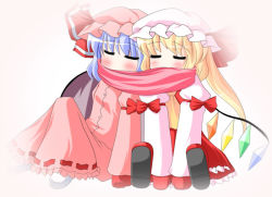 Rule 34 | 2girls, blush, closed eyes, female focus, flandre scarlet, mittens, multiple girls, remilia scarlet, scarf, shared clothes, shared scarf, siblings, sisters, touhou, white water