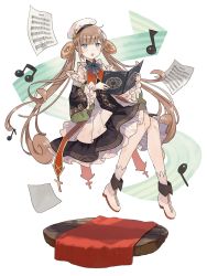 Rule 34 | 1girl, bagel, bagel (food fantasy), blue eyes, book, brown hair, dress, floating, food, food fantasy, full body, hat, highres, knees together feet apart, looking at viewer, musical note, official art, pale skin, second-party source, solo, transparent background, twintails, white hat
