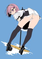 Rule 34 | 1girl, alternate costume, ass, black-framed eyewear, black dress, black footwear, black thighhighs, blush, closed mouth, dress, dutch angle, enmaided, fate/grand order, fate (series), frilled sleeves, frills, full body, full moon, glasses, hairband, hami dmg, high heels, highres, looking at viewer, looking back, maid, mash kyrielight, mob, moon, panties, pantyshot, pink hair, purple eyes, shoes, short hair, short sleeves, solo, standing, thighhighs, two-tone hairband, underwear, upskirt, white panties