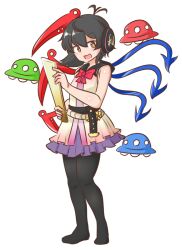 Rule 34 | 1girl, ahoge, antenna hair, asymmetrical wings, belt, black hair, blue wings, bow, bowtie, brown eyes, commentary request, cosplay, dress, earmuffs, full body, houjuu nue, looking at viewer, medium hair, mizusoba, open mouth, red bow, red bowtie, red wings, ritual baton, simple background, sleeveless, sleeveless dress, solo, standing, touhou, toyosatomimi no miko, toyosatomimi no miko (cosplay), ufo, white background, wings