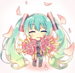 Rule 34 | 1girl, :3, aqua hair, aqua necktie, black skirt, black thighhighs, bouquet, chibi, closed mouth, commentary, falling petals, flower, full body, grey shirt, hair ornament, harusamesyota, hatsune miku, holding, holding bouquet, long hair, looking at viewer, necktie, petals, pink flower, pink rose, pleated skirt, rose, shirt, skirt, smile, solo, spring onion, thighhighs, twintails, very long hair, vocaloid, white background