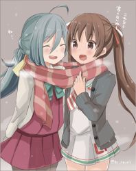 Rule 34 | 10s, 2girls, brown eyes, brown hair, jacket, kantai collection, kiyoshimo (kancolle), libeccio (kancolle), long hair, multiple girls, open mouth, pantyhose, riz (ravel dc), scarf, school uniform, shared clothes, shared scarf, silver hair, smile, twintails