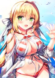 Rule 34 | 1girl, :d, ahoge, armpit peek, bare shoulders, bikini, bikini top only, blue background, blush, braid, breasts, cleavage, collarbone, commentary request, cowboy shot, criss-cross halter, earrings, fate/grand order, fate (series), flower, fukase ayaka, gradient background, green eyes, hair between eyes, hair intakes, hair ribbon, halterneck, hand up, jewelry, large breasts, long hair, long sleeves, looking at viewer, mismatched bikini, navel, nero claudius (fate), nero claudius (fate) (all), nero claudius (swimsuit caster) (fate), nero claudius (swimsuit caster) (third ascension) (fate), open mouth, petals, red bikini, red ribbon, ribbon, rose, see-through, side-tie bikini bottom, smile, solo, straight hair, striped bikini, striped bikini top, striped clothes, swimsuit, very long hair, water drop, waving, white flower, white ribbon, white rose